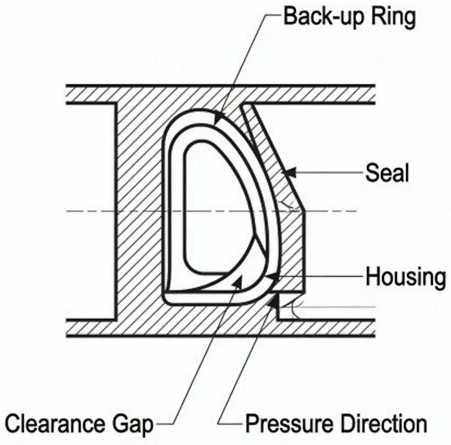 Cross-section diagram showing how a backup ring prevents O-ring extrusion into the housing clearance gap under pressure