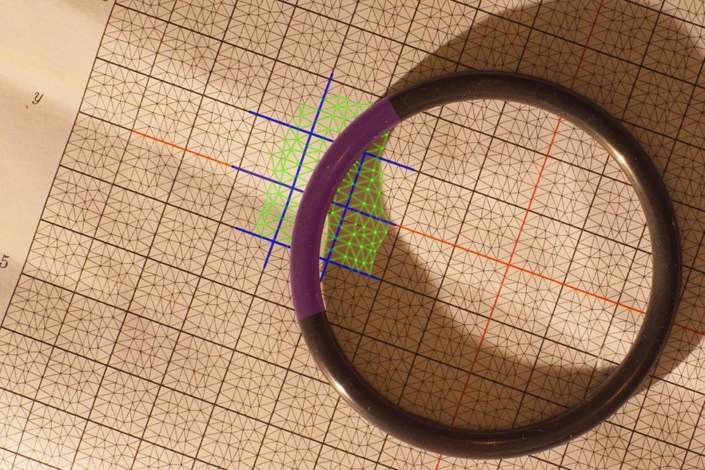 Cutaway view of an O-ring on an Olypsys calibration grid showing solved blue grid lines, green sub-grid triangles, and purple ring segmentation