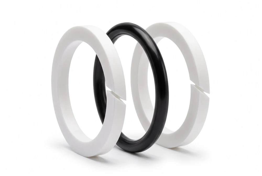 Split PTFE anti-extrusion backup rings flanking an elastomer O-ring