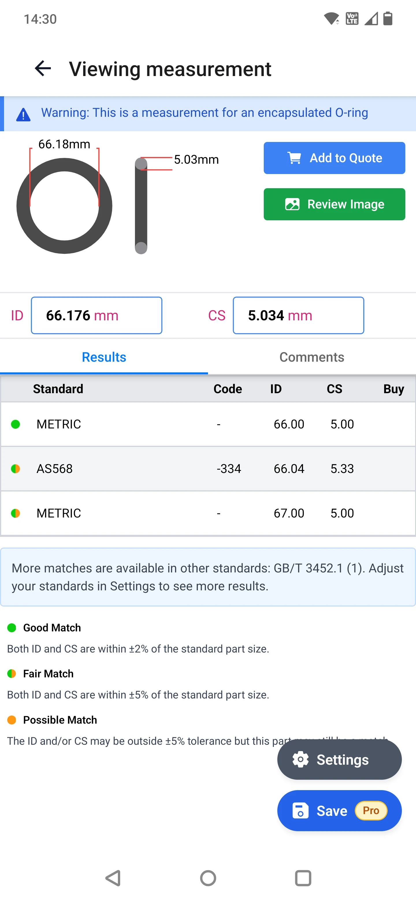 Step 3: Viewing O-ring ID, OD, and CS results matched to AS568 and metric standards