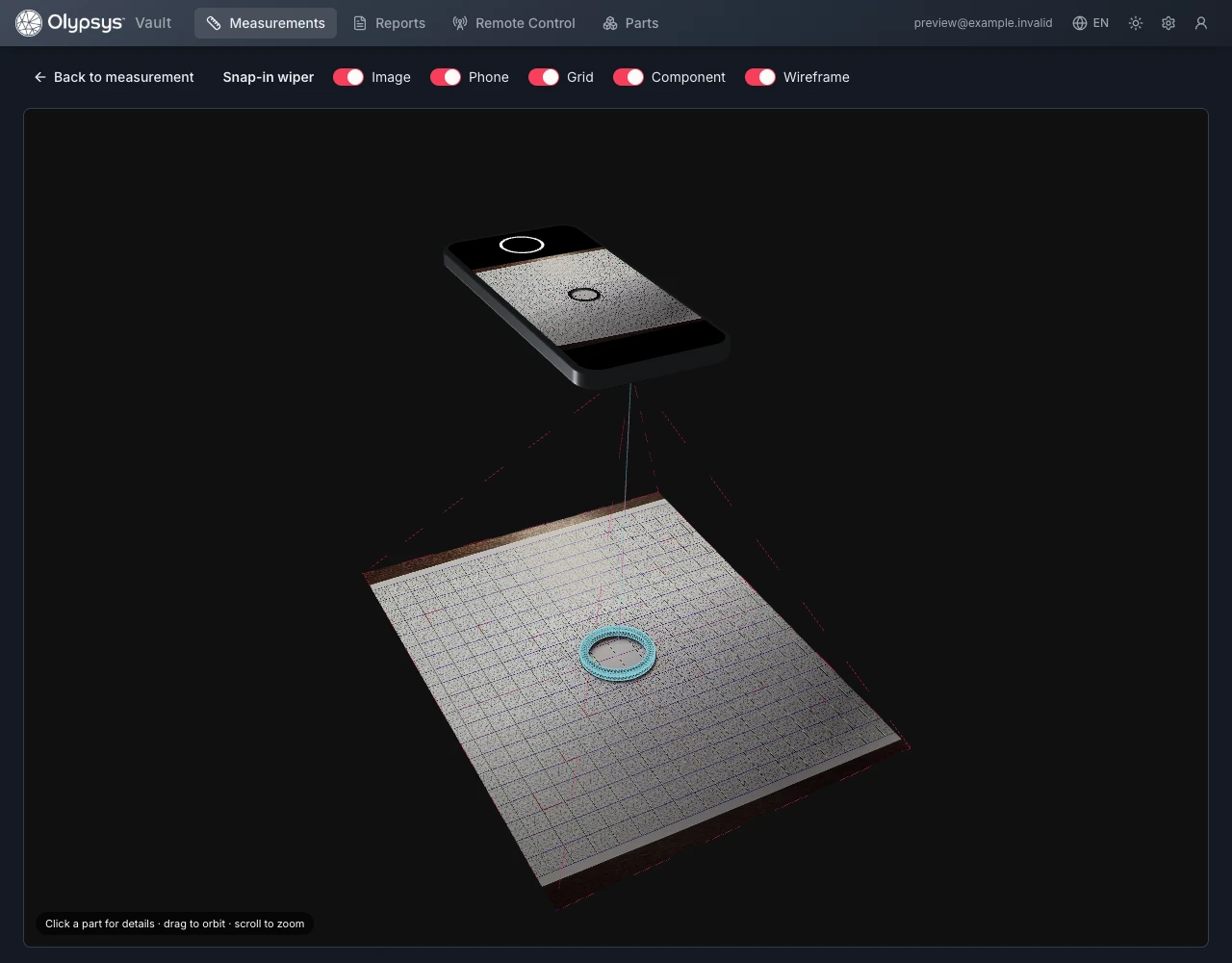 Interactive 3D capture scene in Olypsys Vault showing the calibrated phone camera, grid, ray frustum, and revolved 3D wiper section