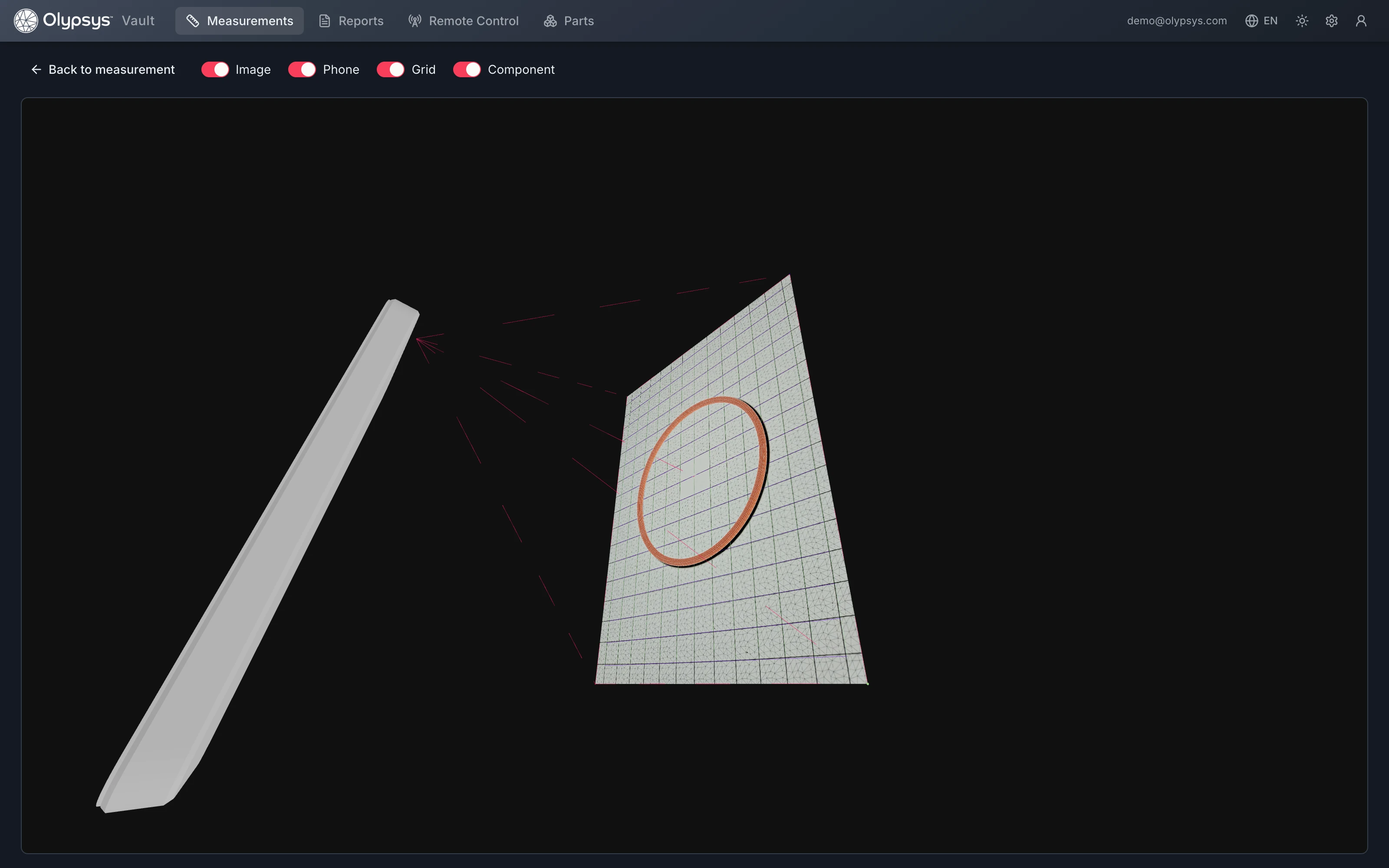 3D measurement viewer showing the phone, its camera frustum and the measured o-ring on the grid sheet